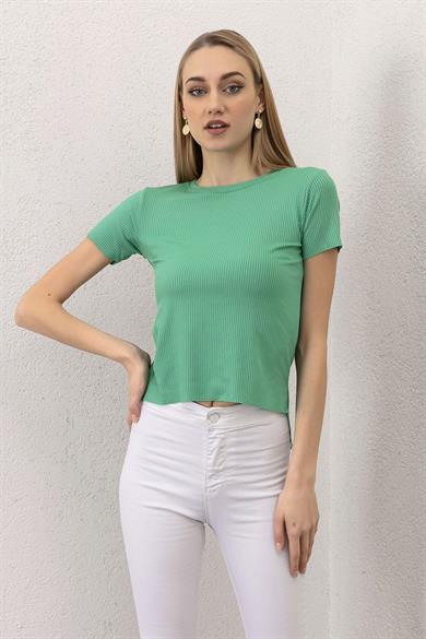 Kadın Yan Yırtmaçlı Bisiklet Yaka Kaşkorse Oversize T-Shirt 230069 -