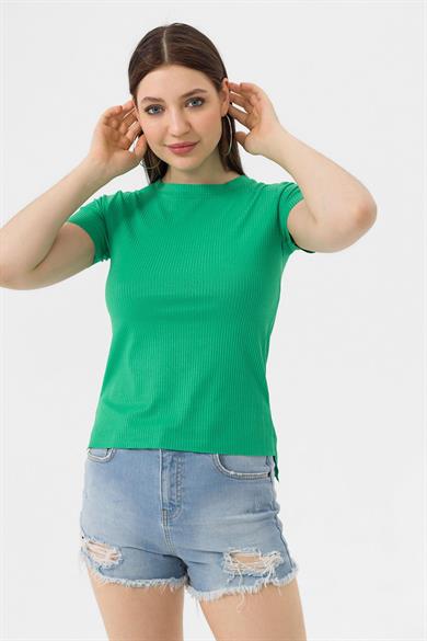 Kadın Yan Yırtmaçlı Bisiklet Yaka Kaşkorse Oversize T-Shirt 230069 -