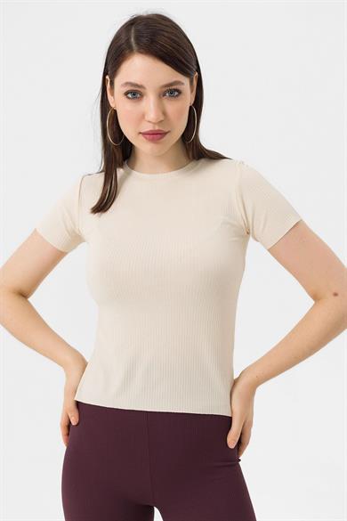 Kadın Yan Yırtmaçlı Bisiklet Yaka Kaşkorse Oversize T-Shirt 230069 -