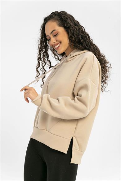 Kadın Yan Yırtmaçlı Kapüşonlu Oversize Sweatshirt