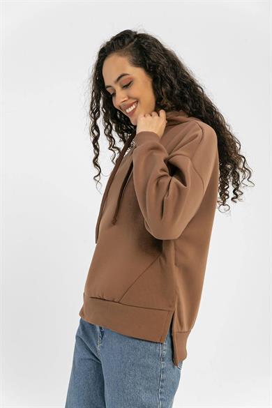 Kadın Yan Yırtmaçlı Kapüşonlu Oversize Sweatshirt