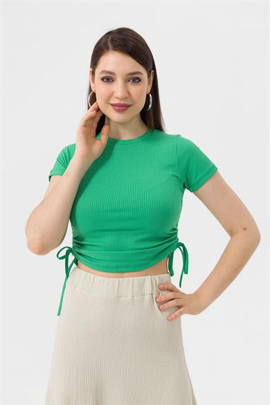 Kadın Yanı Büzgü Detaylı Bisiklet Yaka Kaşkorse T-shirt 240001 -