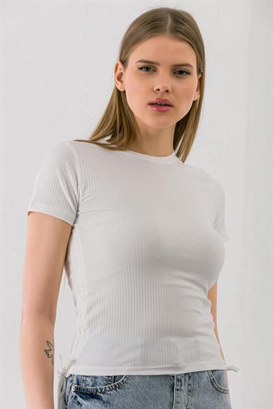 Kadın Yanı Büzgü Detaylı Bisiklet Yaka Kaşkorse T-shirt 240001 -