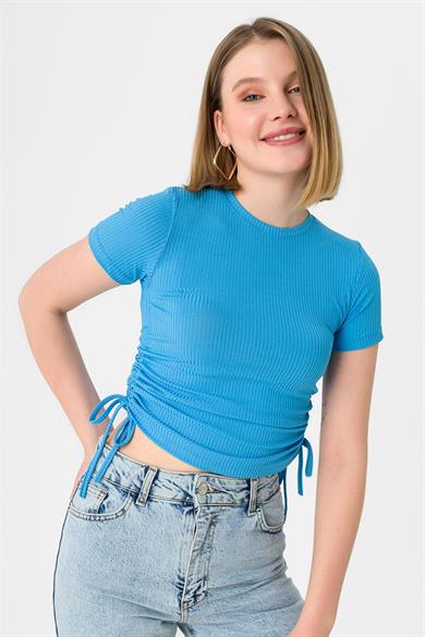 Kadın Yanı Büzgü Detaylı Bisiklet Yaka Kaşkorse T-shirt 240001 -