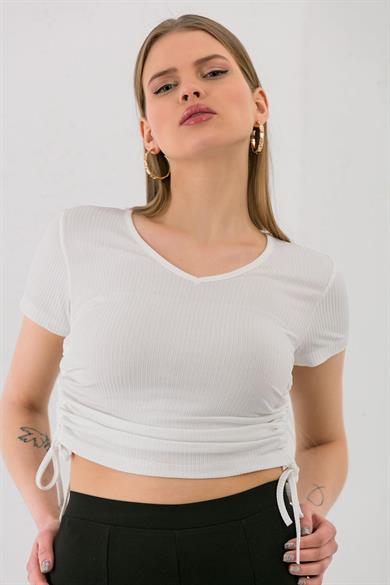 Kadın Yanı Büzgü Detaylı V Yaka Kaşkorse T-shirt 240007 -