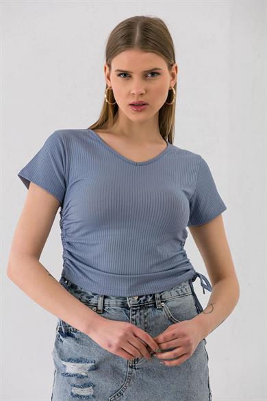 Kadın Yanı Büzgü Detaylı V Yaka Kaşkorse T-shirt 240007 -