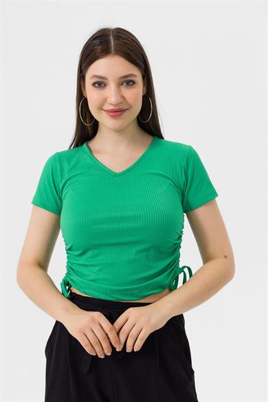 Kadın Yanı Büzgü Detaylı V Yaka Kaşkorse T-shirt 240007 -