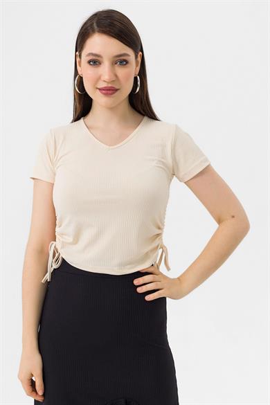Kadın Yanı Büzgü Detaylı V Yaka Kaşkorse T-shirt 240007 -