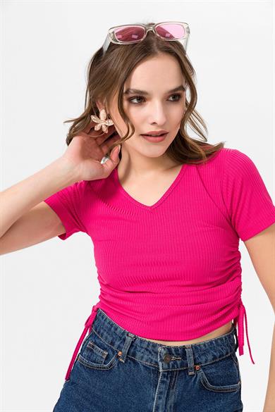 Kadın Yanı Büzgü Detaylı V Yaka Kaşkorse T-shirt 240007 -