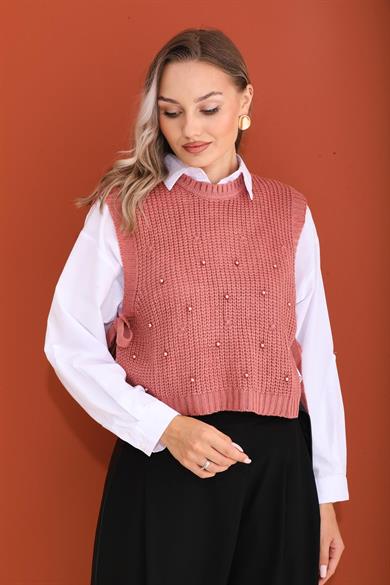 Kadın Yanları Bağlamalı İnci Detaylı Triko Örme Süveter 245030 -