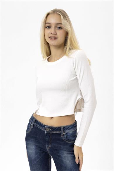 Kadın Yanları Zincir Detaylı Crop Bluz