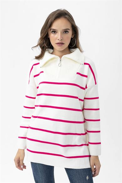 Kadın Yarım Fermuarlı Çizgili Oversize Triko Kazak 245175 -