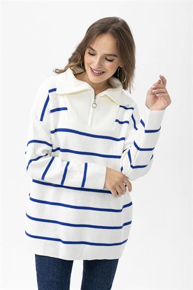 Kadın Yarım Fermuarlı Çizgili Oversize Triko Kazak 245175 -