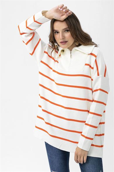 Kadın Yarım Fermuarlı Çizgili Oversize Triko Kazak 245175 -
