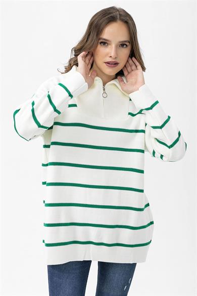 Kadın Yarım Fermuarlı Çizgili Oversize Triko Kazak 245175 -