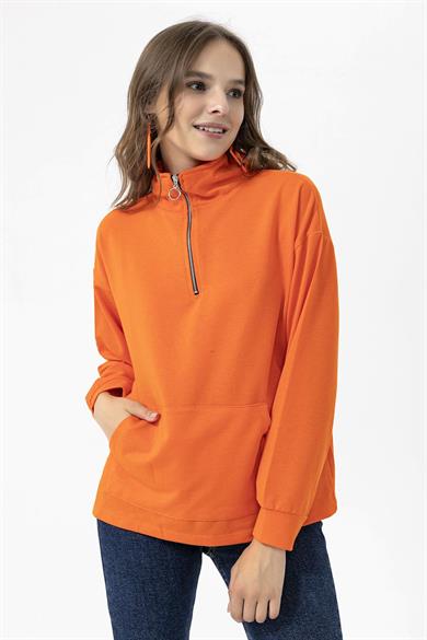 Kadın Yarım Fermuarlı Kanguru Cepli Sweatshirt