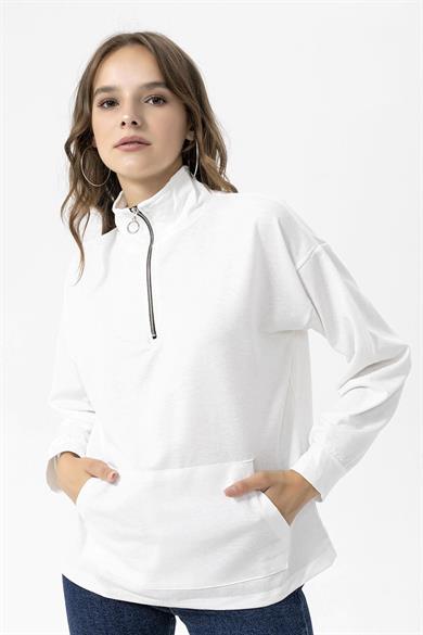 Kadın Yarım Fermuarlı Kanguru Cepli Sweatshirt