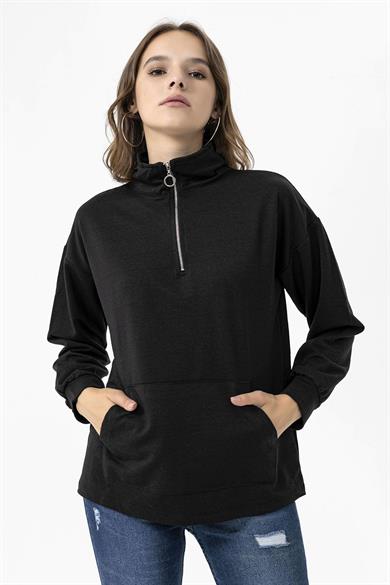 Kadın Yarım Fermuarlı Kanguru Cepli Sweatshirt