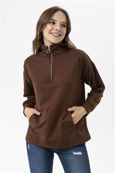 Kadın Yarım Fermuarlı Kanguru Cepli Sweatshirt