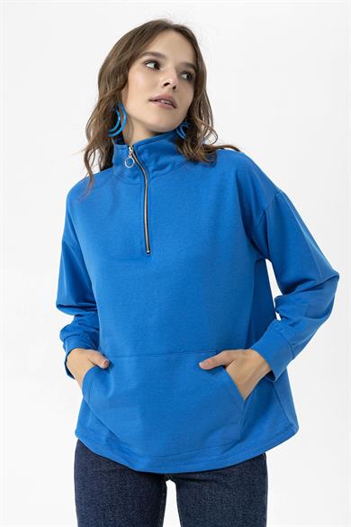 Kadın Yarım Fermuarlı Kanguru Cepli Sweatshirt