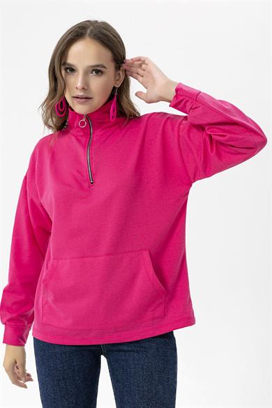 Kadın Yarım Fermuarlı Kanguru Cepli Sweatshirt