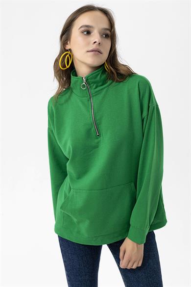 Kadın Yarım Fermuarlı Kanguru Cepli Sweatshirt
