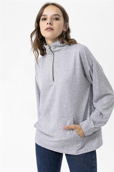 Kadın Yarım Fermuarlı Kanguru Cepli Sweatshirt