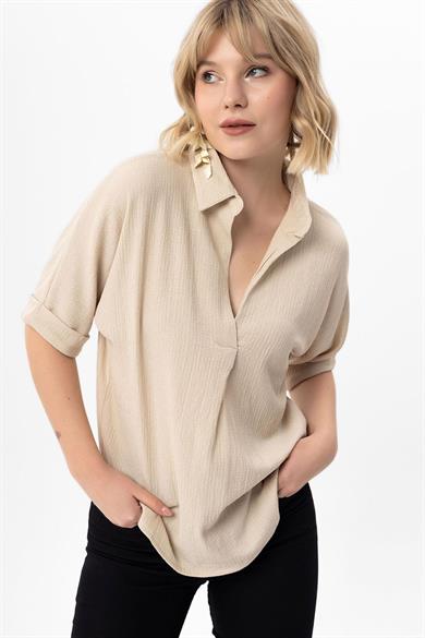 Kadın Yarım Patlı Yaka Detaylı Raşel Bluz