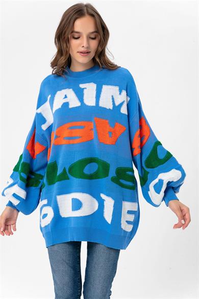 Kadın Yazı Detaylı Oversize Örme Kazak
