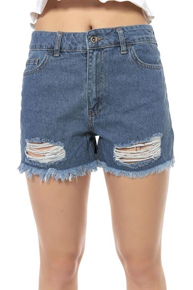 Kadın Yırtık Detaylı Denim Şort