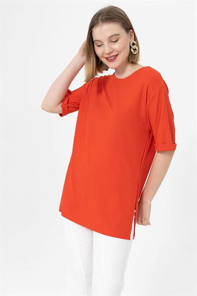Kadın Yırtmaçlı Fitilli Oversize Uzun Tişört 240045 -