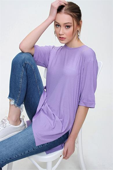 Kadın Yırtmaçlı Fitilli Oversize Uzun Tişört 240045 -
