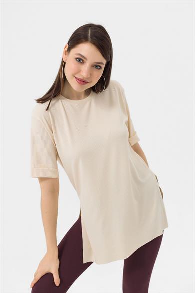 Kadın Yırtmaçlı Fitilli Oversize Uzun Tişört 240045 -