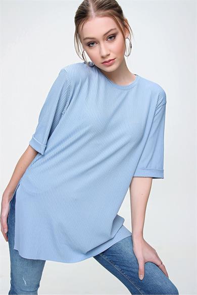Kadın Yırtmaçlı Fitilli Oversize Uzun Tişört 240045 -