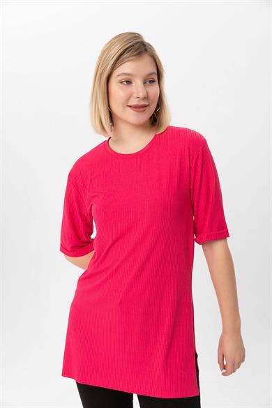 Kadın Yırtmaçlı Fitilli Oversize Uzun Tişört 240045 -
