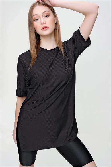 Kadın Yırtmaçlı Fitilli Oversize Uzun Tişört 240045 -