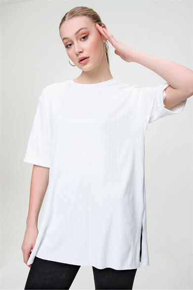 Kadın Yırtmaçlı Fitilli Oversize Uzun Tişört 240045 -
