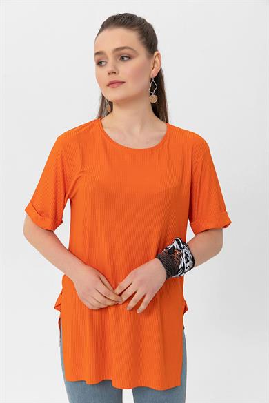Kadın Yırtmaçlı Fitilli Oversize Uzun Tişört 240045 -