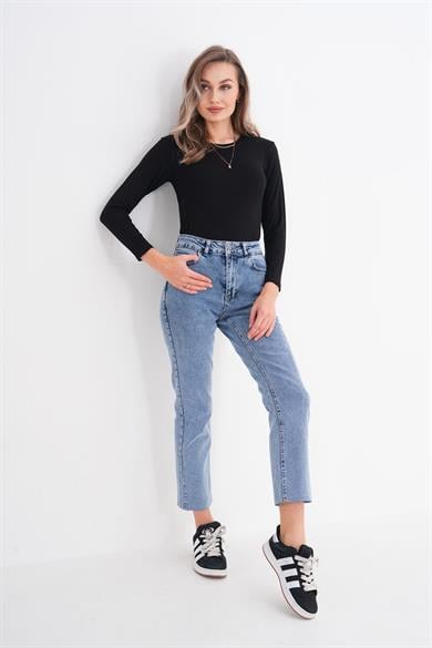 Kadın Yüksek Bel Paçası Lazer Kesim Mom Jean 250412 -