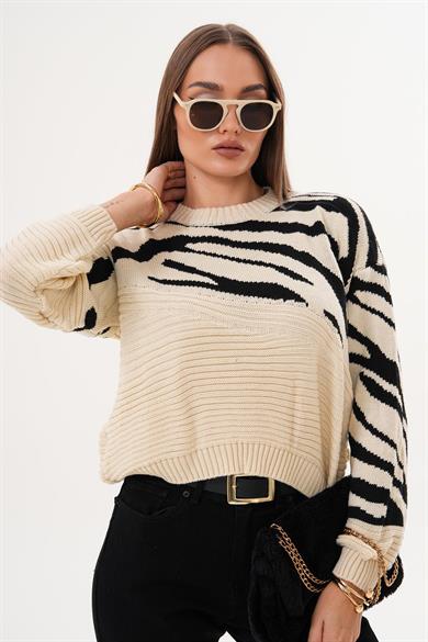 Kadın Zebra Desen Triko Örme Kazak 255103 -