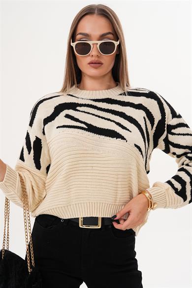 Kadın Zebra Desen Triko Örme Kazak 255103 -