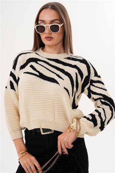 Kadın Zebra Desen Triko Örme Kazak 255103 -
