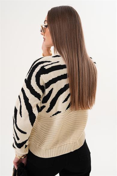 Kadın Zebra Desen Triko Örme Kazak 255103 -