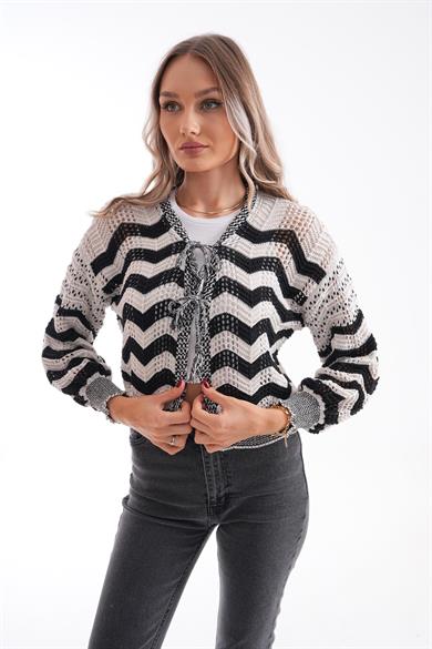 Kadın Zigzag Desenli Bağcık Detaylı Triko Örme Hırka 260472 -