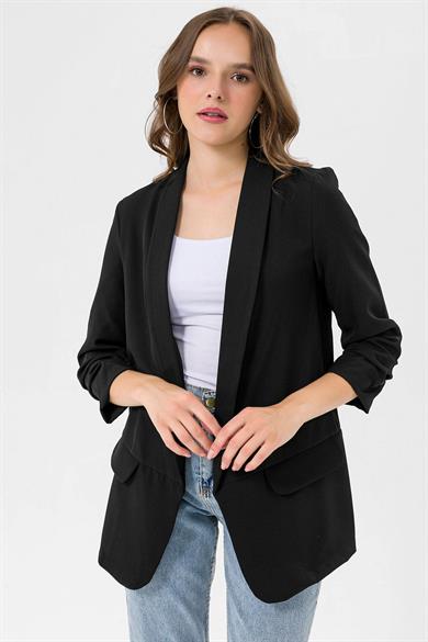 Kolu Büzgülü Sahte Cepli Önü Açık Blazer Ceket