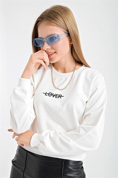 Lover Baskılı Lazer Kesim Bisiklet Yaka Sweat