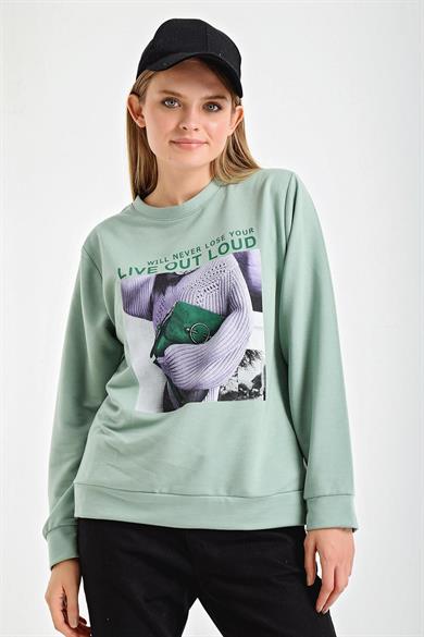 Önü Baskılı Bisiklet Yaka Sweatshirt