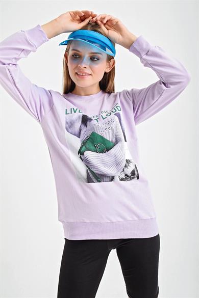 Önü Baskılı Bisiklet Yaka Sweatshirt