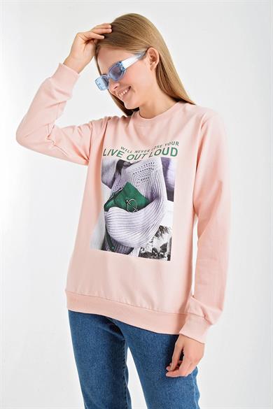 Önü Baskılı Bisiklet Yaka Sweatshirt
