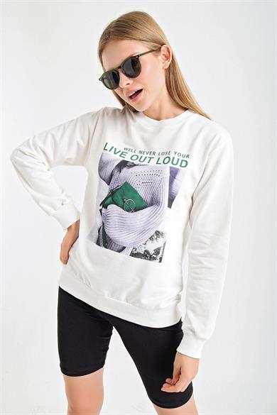 Önü Baskılı Bisiklet Yaka Sweatshirt